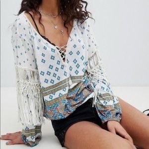 NWT $128 Free People Boho Macra Maze Me Top in Ivory Combo sz Small